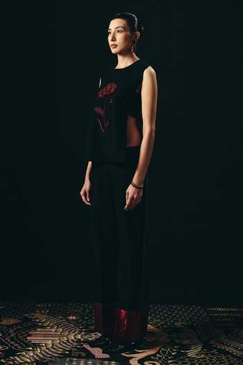 Shimona_Black Silk, Tissue Embroidery Round Neck Rouge Sleeveless Top And Pant Set _Online_at_Aza_Fashions