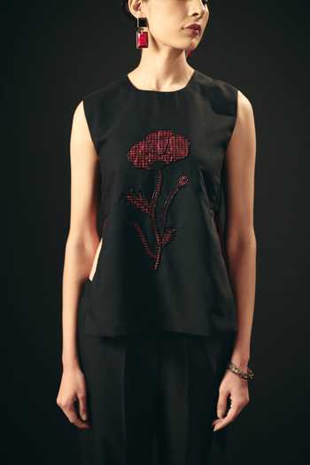 Buy_Shimona_Black Silk, Tissue Embroidery Round Neck Rouge Sleeveless Top And Pant Set _Online_at_Aza_Fashions