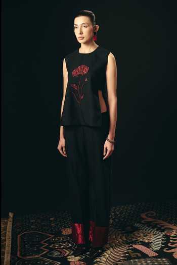 Shop_Shimona_Black Silk, Tissue Embroidery Round Neck Rouge Sleeveless Top And Pant Set _Online_at_Aza_Fashions