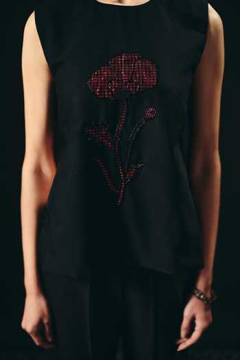 Shimona_Black Silk, Tissue Embroidery Round Neck Rouge Sleeveless Top And Pant Set _at_Aza_Fashions