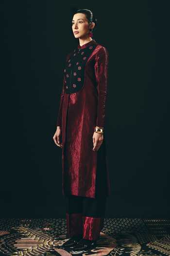 Shimona_Black Silk, Tissue Embroidery, Zari Mandarin Collar Rouge Long Tunic And Pant Set _Online_at_Aza_Fashions