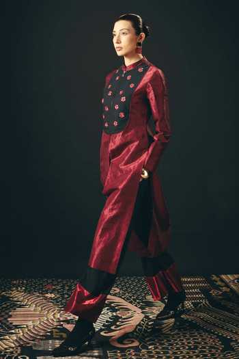 Buy_Shimona_Black Silk, Tissue Embroidery, Zari Mandarin Collar Rouge Long Tunic And Pant Set _Online_at_Aza_Fashions