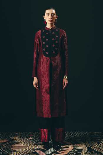 Shop_Shimona_Black Silk, Tissue Embroidery, Zari Mandarin Collar Rouge Long Tunic And Pant Set _Online_at_Aza_Fashions