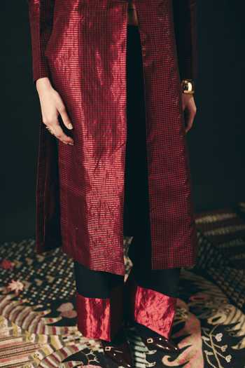 Shimona_Black Silk, Tissue Embroidery, Zari Mandarin Collar Rouge Long Tunic And Pant Set _at_Aza_Fashions