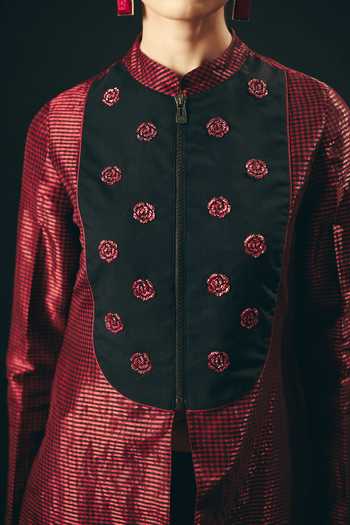 Buy_Shimona_Black Silk, Tissue Embroidery, Zari Mandarin Collar Rouge Long Tunic And Pant Set 