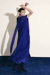 Shimona_Blue Silk, Chiffon Keyhole Neck Draped Gown _Online_at_Aza_Fashions