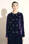 Shimona_Purple Silk, Velvet Embroidery, Bows Round Neck Imperial Jacket And Skirt Set _Online_at_Aza_Fashions