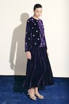 Shop_Shimona_Purple Silk, Velvet Embroidery, Bows Round Neck Imperial Jacket And Skirt Set _Online_at_Aza_Fashions