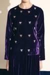 Shimona_Purple Silk, Velvet Embroidery, Bows Round Neck Imperial Jacket And Skirt Set _at_Aza_Fashions