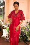 Buy_Shreeka_Red Organza, Satin, Modal Embroidery, Sequins, Beads, Crystals Yoke Draped Gown _Online_at_Aza_Fashions
