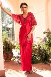 Buy_Shreeka_Red Organza, Satin, Modal Embroidery, Sequins, Beads, Crystals Yoke Draped Gown _at_Aza_Fashions