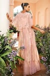 Shop_Shreeka_Pink Organza, Tissue Sequins, Beads, Cut Work, Floral Patern Cape And Gown Set _at_Aza_Fashions