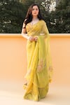 Buy_Shreeka_Lime Organza, Dupion Sequins, Beads, Floral Embroidered Saree With Blouse _at_Aza_Fashions