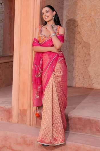 Shop_Shreeka_Pink Organza, Dupion Sequins, Beads, And Banarasi Saree & Blouse Set _Online_at_Aza_Fashions