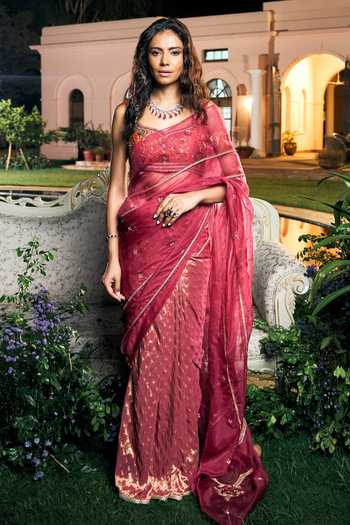 Buy_Shreeka_Pink Organza, Dupion Sequins, Beads, And Banarasi Saree & Blouse Set _at_Aza_Fashions