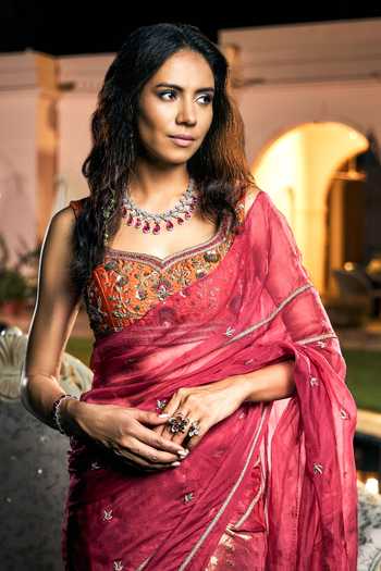 Shreeka_Pink Organza, Dupion Sequins, Beads, And Banarasi Saree & Blouse Set _at_Aza_Fashions