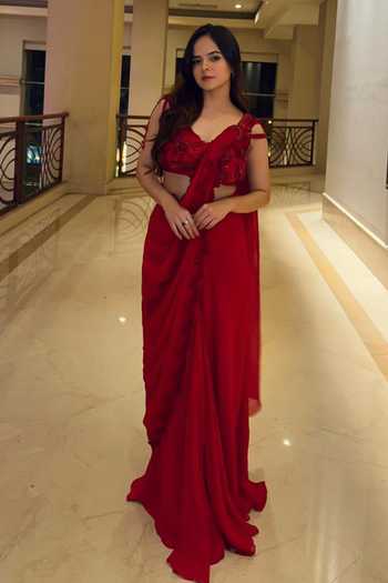 Shreeka_Red Organza, Georgette Sequins, Beads, Stones, Cut Pre-draped Saree With Blouse _at_Aza_Fashions