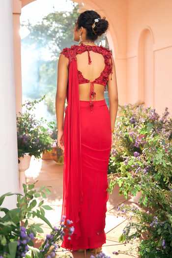 Shreeka_Red Organza, Georgette Sequins, Beads, Stones, Cut Pre-draped Saree With Blouse _Online_at_Aza_Fashions