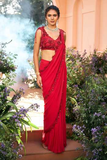 Shop_Shreeka_Red Organza, Georgette Sequins, Beads, Stones, Cut Pre-draped Saree With Blouse 