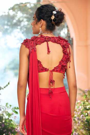 Shreeka_Red Organza, Georgette Sequins, Beads, Stones, Cut Pre-draped Saree With Blouse _Online