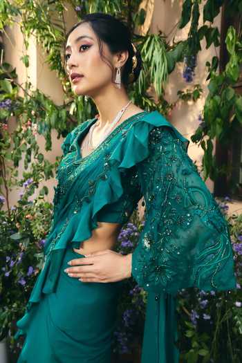 Shreeka_Emerald Green Organza, Georgette Ruffle Pre-draped Saree And Blouse Set _Online_at_Aza_Fashions