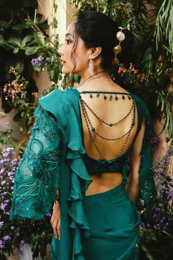 Buy_Shreeka_Emerald Green Organza, Georgette Ruffle Pre-draped Saree And Blouse Set _Online_at_Aza_Fashions