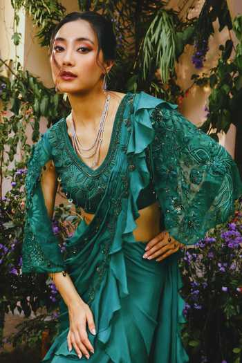 Shop_Shreeka_Emerald Green Organza, Georgette Ruffle Pre-draped Saree And Blouse Set _Online_at_Aza_Fashions