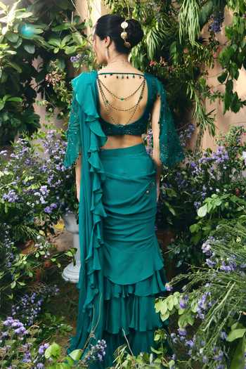 Shop_Shreeka_Emerald Green Organza, Georgette Ruffle Pre-draped Saree And Blouse Set _at_Aza_Fashions