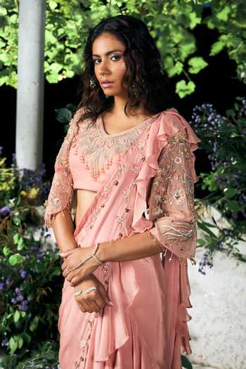 Shreeka_Pink Organza, Chiffon, Chinon Sequins, Pre-draped Saree And Embroidered Blouse Set _Online_at_Aza_Fashions