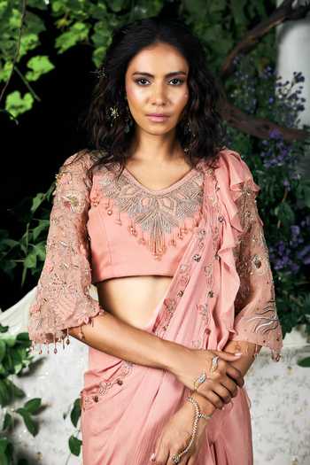 Buy_Shreeka_Pink Organza, Chiffon, Chinon Sequins, Pre-draped Saree And Embroidered Blouse Set _Online_at_Aza_Fashions