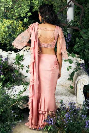 Shop_Shreeka_Pink Organza, Chiffon, Chinon Sequins, Pre-draped Saree And Embroidered Blouse Set _at_Aza_Fashions