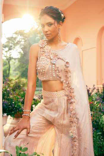 Shreeka_Pink Silk, Organza, Tissue Sequins, Beads, Embroidered Cape And Sharara Set _Online_at_Aza_Fashions