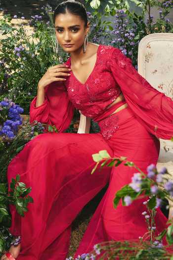 Shop_Shreeka_Pink Organza, Georgette Embroidery, Sequins, Beads, Crystals Top And Sharara Set _Online_at_Aza_Fashions