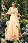 Buy_Shreeka_Peach Organza, Satin Embroidery, Sequins, Cape Sleeve Blouse And Lehenga Set _at_Aza_Fashions
