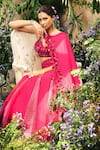 Shop_Shreeka_Pink Silk, Organza, Jacquard Embroidery, Sequins, Asymmetric Cape Lehenga Set _Online_at_Aza_Fashions