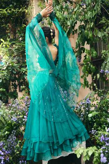 Shop_Shreeka_Emerald Green Organza Embroidery, Sequins, Beads, Embellished Lehenga Set _Online_at_Aza_Fashions
