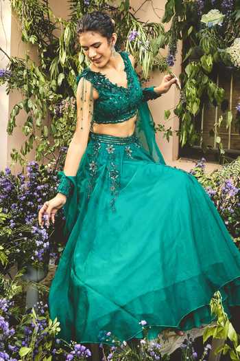 Shreeka_Emerald Green Organza Embroidery, Sequins, Beads, Embellished Lehenga Set _at_Aza_Fashions