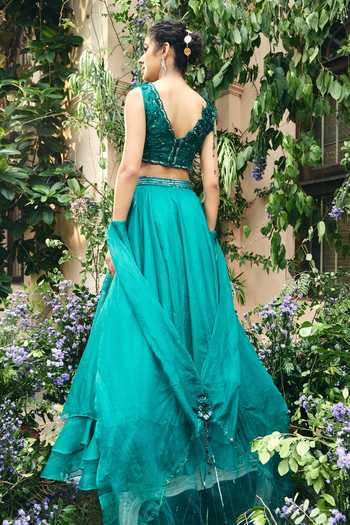 Shop_Shreeka_Emerald Green Organza Embroidery, Sequins, Beads, Embellished Lehenga Set _at_Aza_Fashions