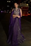 Shreeka_Purple Chanderi, Crepe, Tissue Embroidery, Sequins, Beads, Waistcoat And Skirt Set _at_Aza_Fashions
