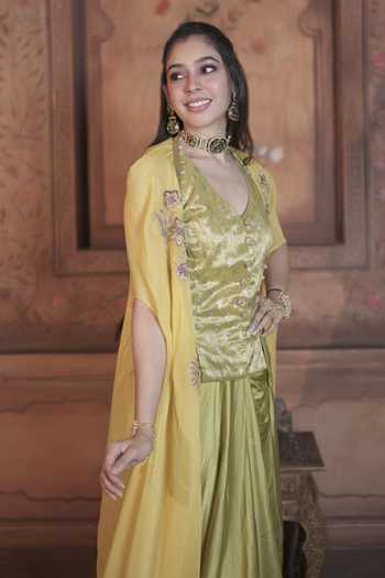 Buy_Shreeka_Lime Organza, Satin, Modal Embroidery, Sequins, Floral Artwork Cape And Skirt Set _Online_at_Aza_Fashions