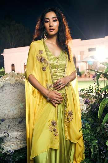 Shop_Shreeka_Lime Organza, Satin, Modal Embroidery, Sequins, Floral Artwork Cape And Skirt Set _Online_at_Aza_Fashions