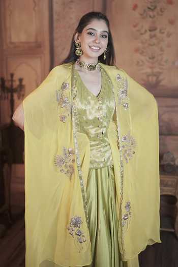 Shreeka_Lime Organza, Satin, Modal Embroidery, Sequins, Floral Artwork Cape And Skirt Set _at_Aza_Fashions