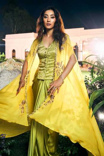 Buy_Shreeka_Lime Organza, Satin, Modal Embroidery, Sequins, Floral Artwork Cape And Skirt Set 