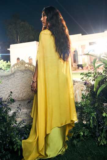 Shreeka_Lime Organza, Satin, Modal Embroidery, Sequins, Floral Artwork Cape And Skirt Set _Online_at_Aza_Fashions