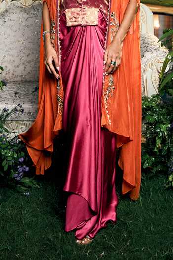 Shreeka_Magenta Organza, Satin, Modal, Brocade Contrast Cape And Draped Skirt Set _Online_at_Aza_Fashions