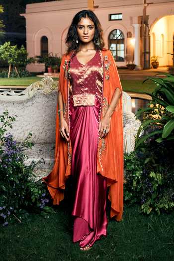 Buy_Shreeka_Magenta Organza, Satin, Modal, Brocade Contrast Cape And Draped Skirt Set _at_Aza_Fashions