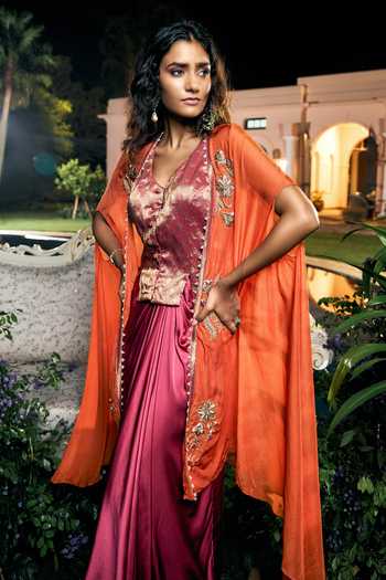 Buy_Shreeka_Magenta Organza, Satin, Modal, Brocade Contrast Cape And Draped Skirt Set _Online_at_Aza_Fashions