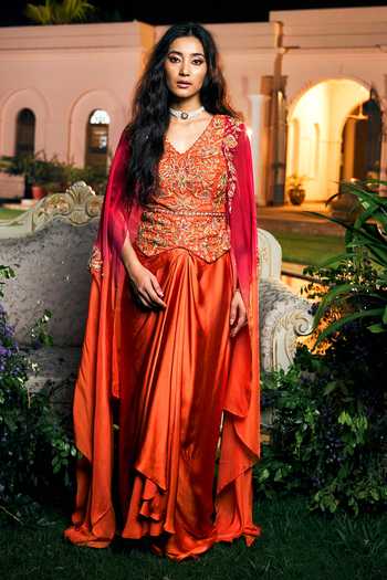 Buy_Shreeka_Orange Organza, Satin, Modal Embroidery, Cape Sleeve Waistcoat And Skirt Set _at_Aza_Fashions