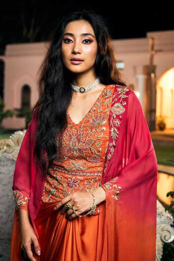 Shreeka_Orange Organza, Satin, Modal Embroidery, Cape Sleeve Waistcoat And Skirt Set _Online_at_Aza_Fashions