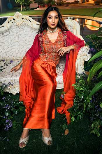 Buy_Shreeka_Orange Organza, Satin, Modal Embroidery, Cape Sleeve Waistcoat And Skirt Set _Online_at_Aza_Fashions